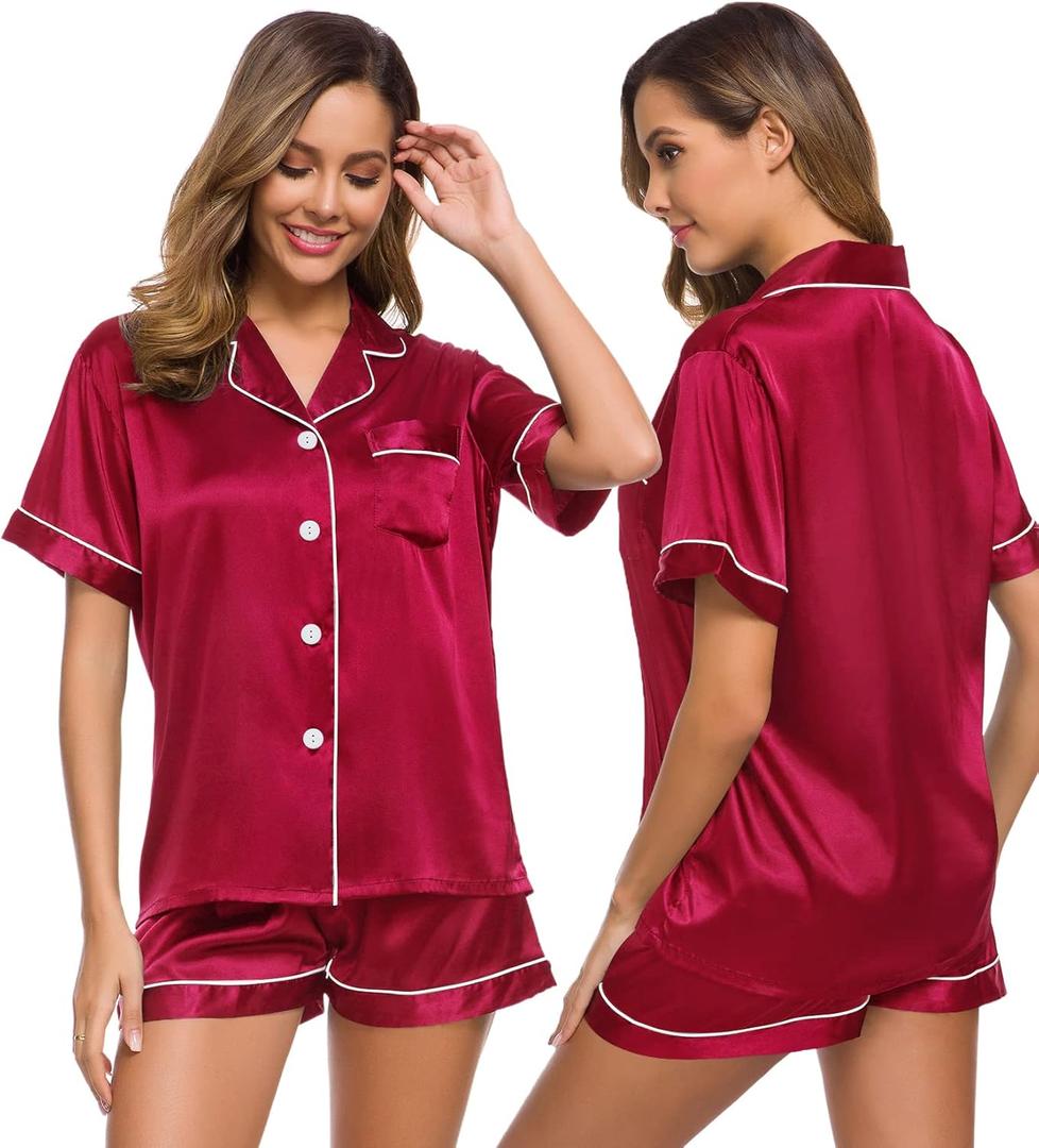 SWOMOG Womens Silk Satin Pajamas Set Short Sleeve Sleepwear Button Down Top and Shorts Loungewear 2 Piece Pjs Set small