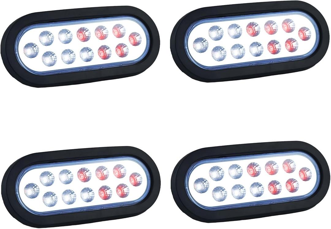 4 x 6 Inch Oval Dual Revolution LED Tail Lights Red Stop Turn Tail Lights White Backup Reverse Lights Kit for Trailer RV Truck IP67 Waterproof 4PCS