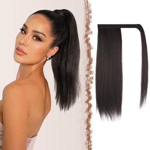 FESHFEN Straight Ponytail Extension 16 inch Natural Long Ponytails Wrap Around Clip in Pony Tail Hair Piece Synthetic Hairpieces for Women, Darkest Brown