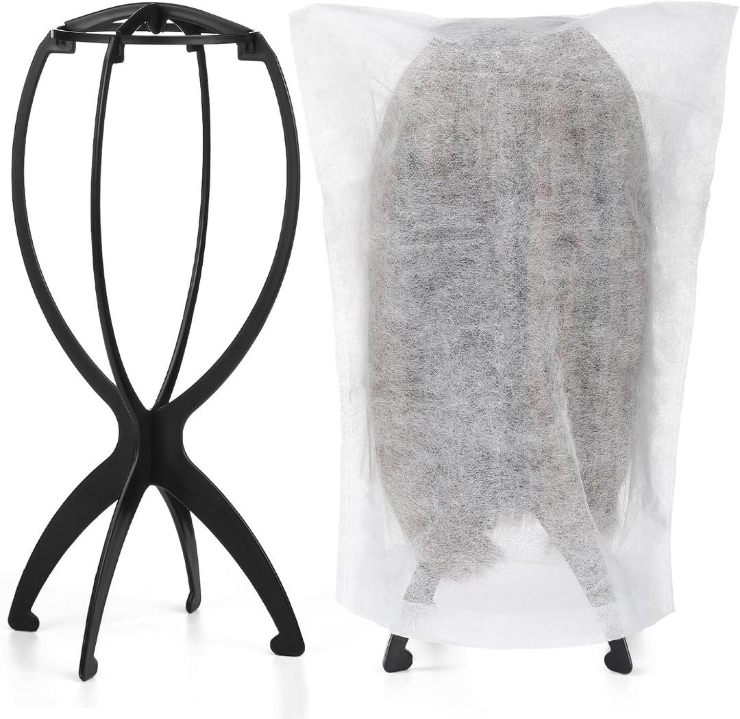 2 x 2 Pack Wig Stand with 2 Pcs Wig Dust Bags, Wig Holder Hat Display with Wig Bag for Women Multiple Wigs - Wig Party Kit for Salon Home Travel Use (White)