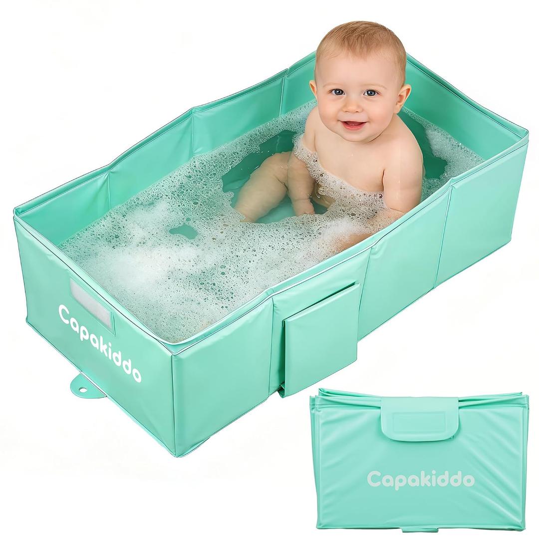 Collapsible Baby Bathtub, Portable Foldable Toddler Bath Tub with Drain Plug, Space-Saving & Easy to Clean, Suitable for 6Mo to 6Y,Green