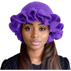 Women Crochet Bucket Hat Cute Winter Ruffled Brim Floppy Cap Handmade Knit Cloche Hats (Purple)