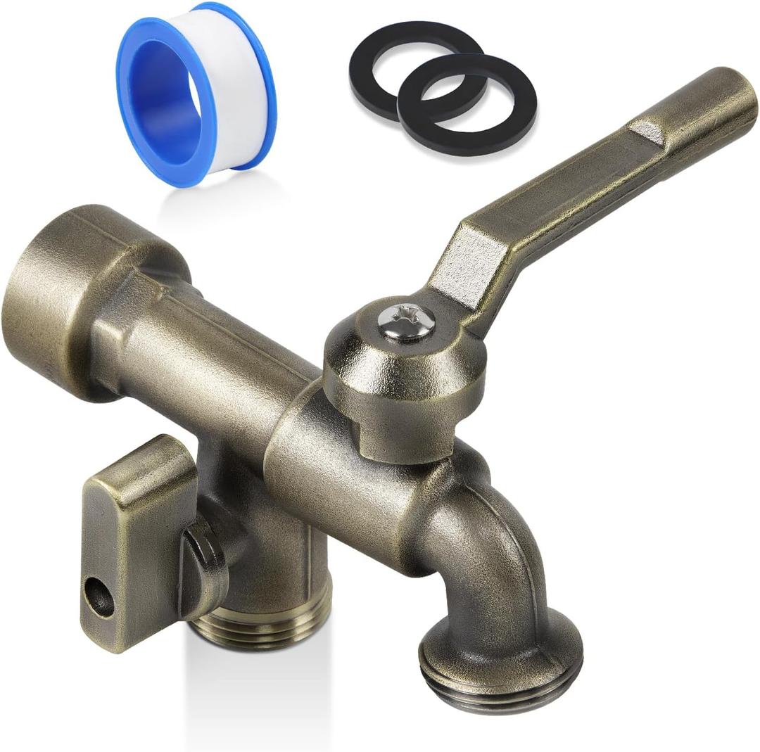 Outdoor Garden Water Faucet with Double Outlet, Outside Wall Mounted Garden Water Faucet with Two 3/4 Inch Brass Ball Valves, Rust & Frost-Proof Outdoor Spigot for Garden Hose (Female, Bronze)