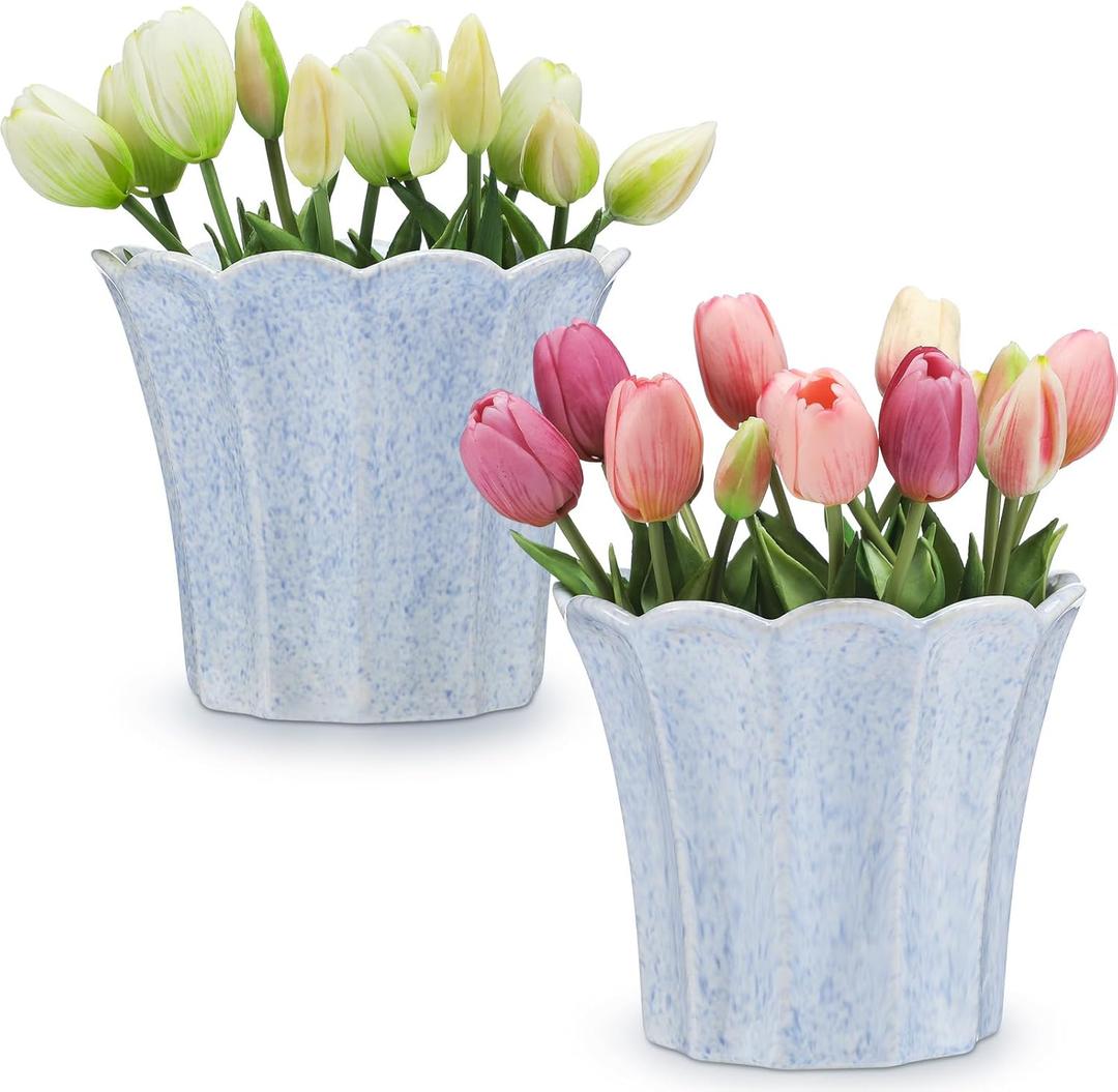 Honeydak 2 Pcs Fluted Ceramic Pots for Plants Indoor 7.5 x 6.5 Inches Spring Easter Scalloped Stylish Ceramic Planters Fluted Tulip Cachepots Blue Flower Pots Home Garden Patio Office Outdoor Planter
