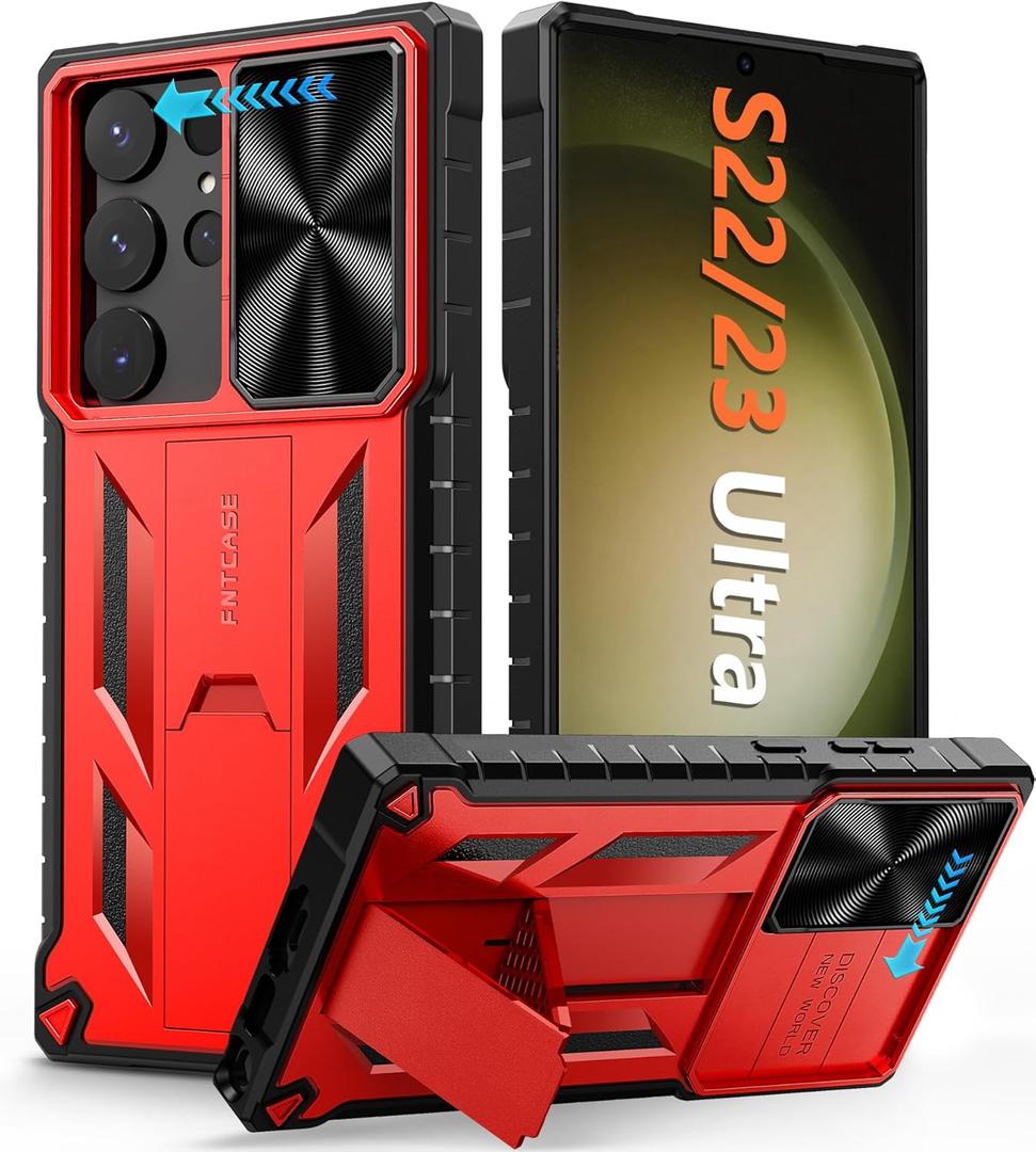 FNTCASE for Samsung Galaxy S23-Ultra Case: Military Grade Drop Proof Protection Mobile Cover with Kickstand | Matte Textured Rugged Shockproof TPU Red 6.8 inches