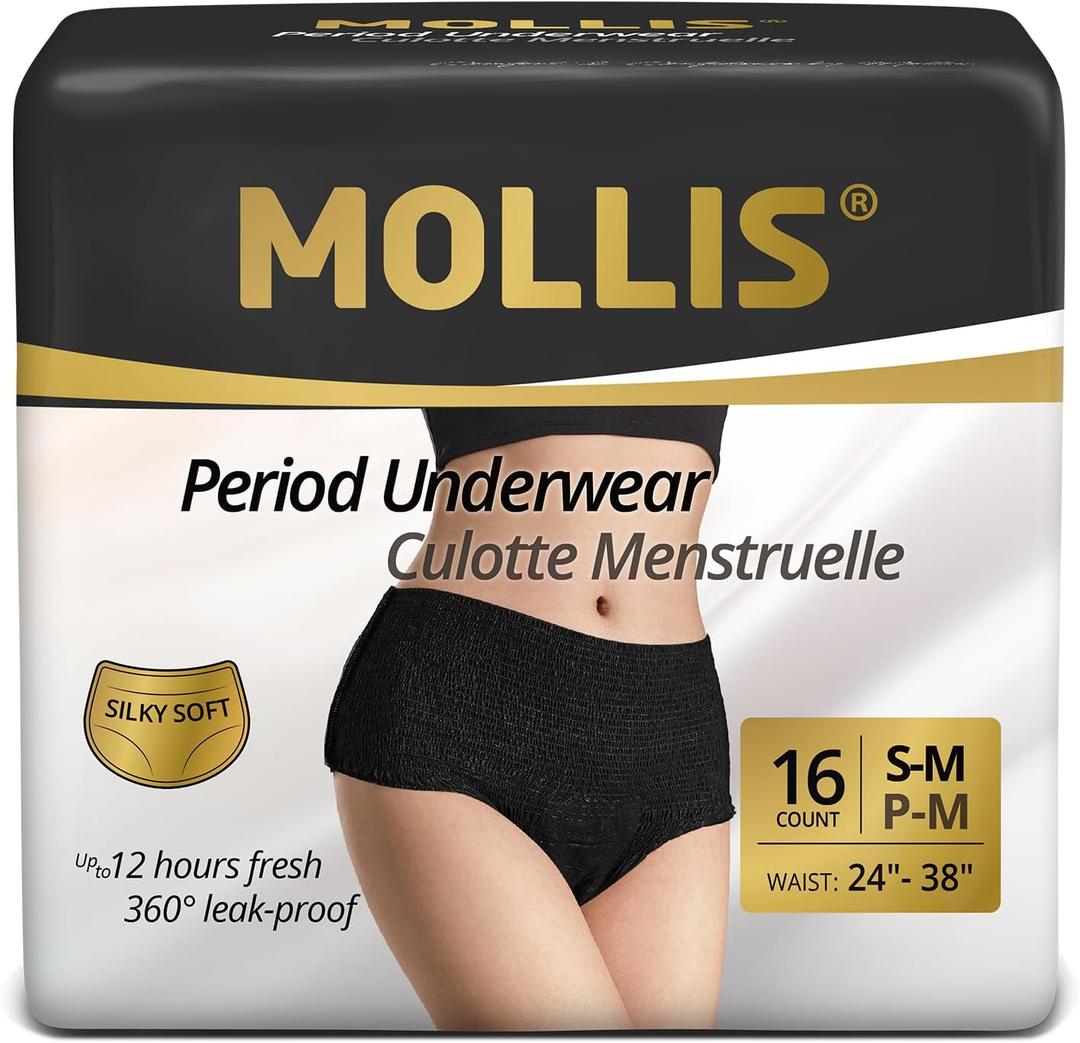 MOLLIS Disposable Period Underwear for Women, Postpartum Panties, Maternity Knickers Heavy Flow Leak Proof, Unscented, Black, Small/Medium, 16 Count