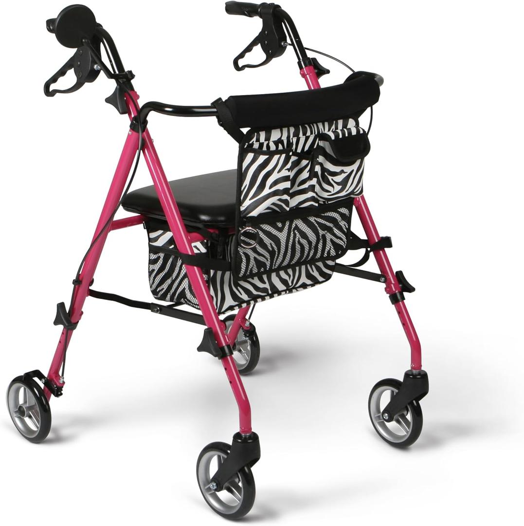Medline Posh Premium Lightweight Aluminum Rollator Walker, Pink & Zebra Print, 250 lb. Weight Capacity, 6 Wheels, Water Resistant, Foldable, Rolling Walker for Seniors