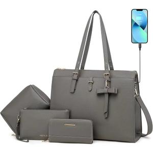 Keyli 4pc Sets Laptop Bag for Women Large Leather Laptop Briefcase with USB Charging Port Computer Shoulder tote Bags Purse (Gray)