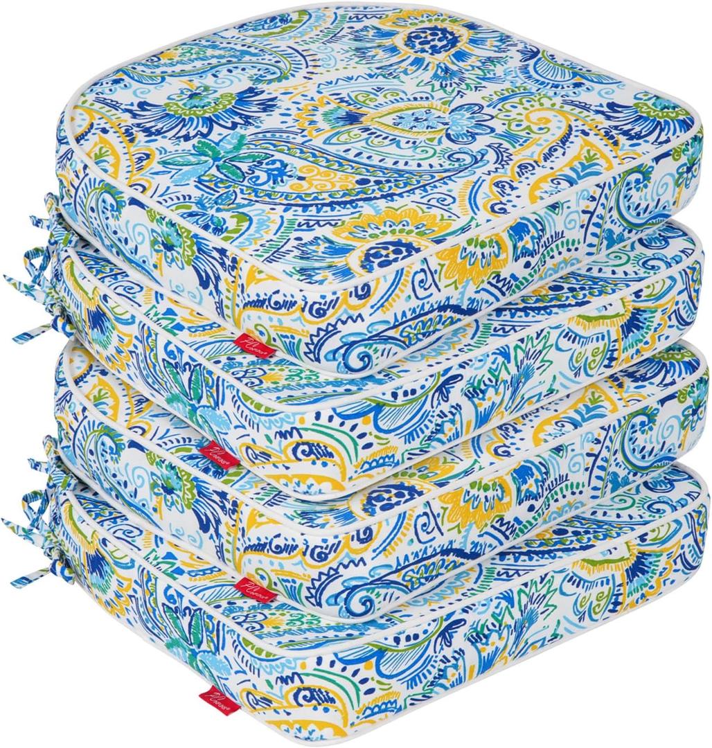 Pcinfuns Outdoor Chair Cushions Set of 4,Thick 19" x 19" x 3" Cushion for Patio Furniture,Round Corner Patio Chair Pads with Ties, Memory Foam Outdoor Seat Cushions,Blue Phoenix