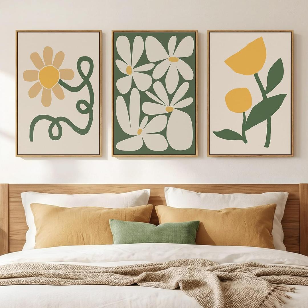 Framed Boho Abstract Wall Art Bedroom, 3 Piece Green and Yellow Mid Century Modern Canvas Artwork for Walls, Paintings Prints Botanical Floral Pictures for Living Room Dining Room Wall Decor, 16x24 In, 16" W x 24" H x 3Pcs