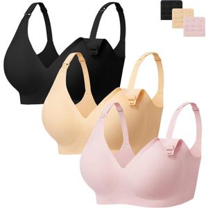 Angelhood 3 Pack Nursing Bras for Breastfeeding Seamless Pregnancy Maternity Bra Wireless Sleep Bralette with Extenders (Medium, Black/Beige/Pink)