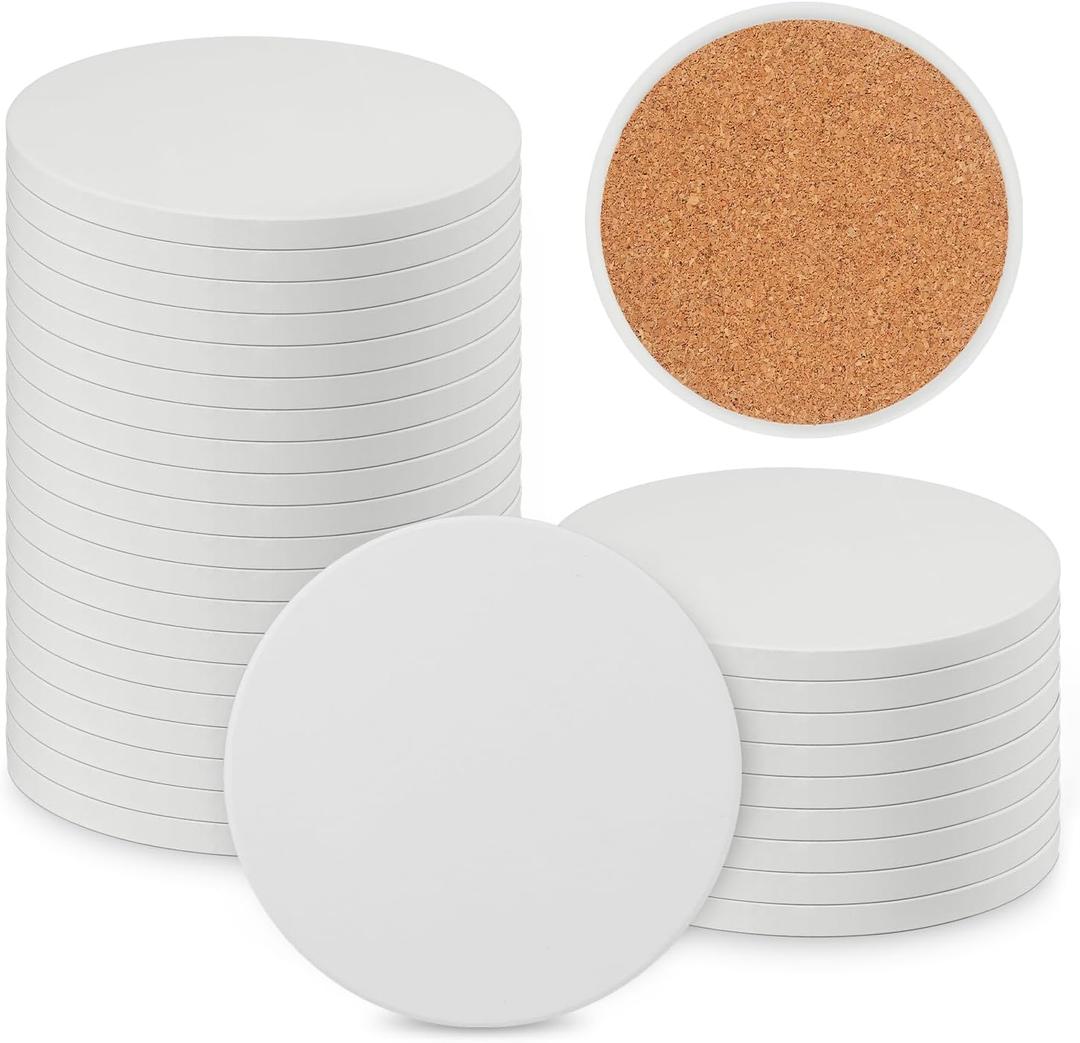 30 Pieces 4 Inch Round Blank Ceramic Coasters, Unglazed Ceramic Tiles Coasters, Ceramic Tiles with Cork Backing Pads for Painting, DIY Crafts, Mosaics, Circular, White.by GNIEMCKIN