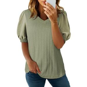 SHEWIN Women's Summer Tops V Neck Casual Puff Short Sleeve Textured T Shirts Blouses L