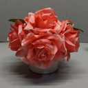 Artificial Rose Bouquet in Ceramic Vase, Silk Flower Arrangement in Pot, Real Touch Fake Flowers with White Vase for Wedding Home Centerpiece Coffee Table Bathroom Anniversary Decor & Gift (Coral)