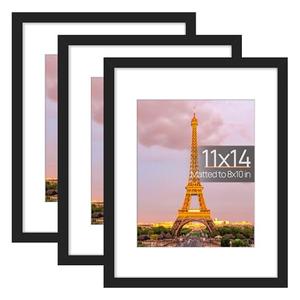 upsimples 11x14 Picture Frame Set of 3, Made of High Definition Glass for 8x10 with Mat or 11x14 Without Mat, Wall and Tabletop Display Photo Frames, Black