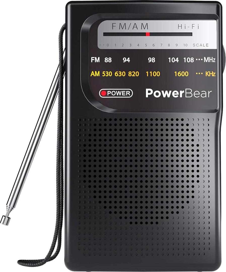 2 x PowerBear Portable Radio | AM/FM, 2AA Battery Operated with Long Range Reception for Indoor, Outdoor & Emergency Use | Radio with Speaker & Headphone Jack (Black)