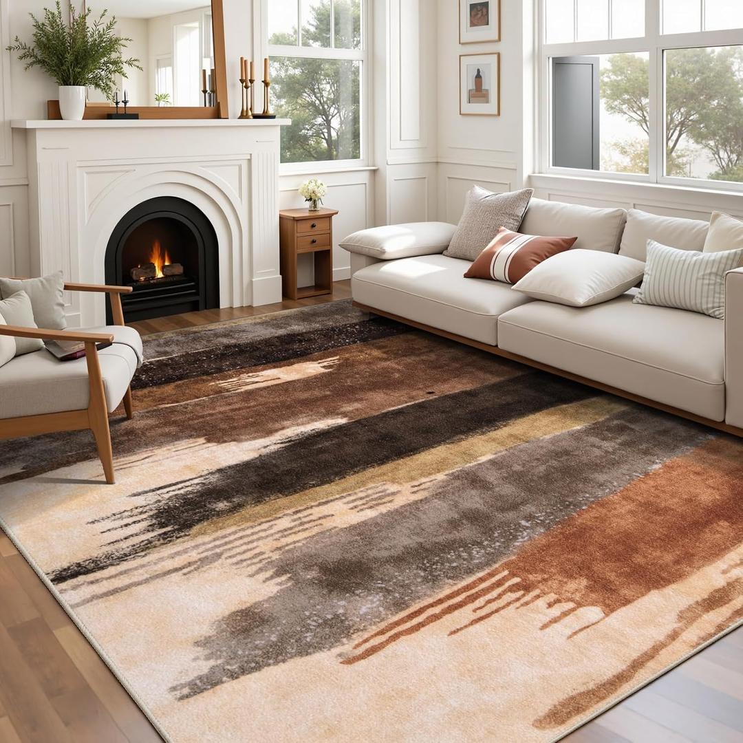 Ciicool Modern Abstract Brown Black Rug for Living Room, 8'x10' Machine Washable Area Rug Non-Slip Rug, Low-Pile Contemporary Indoor Dining Floor Carpet for Bedroom Office Under Table Home Decor