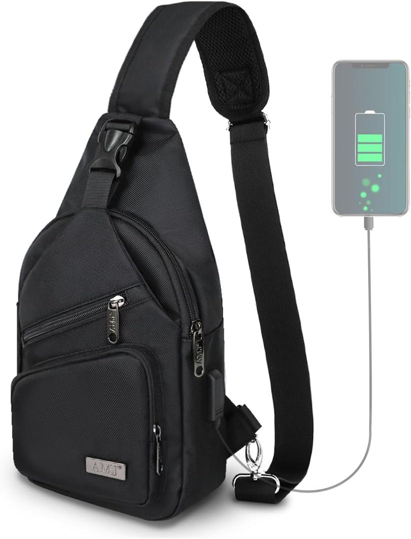 AMJ Crossbody Sling Bag Men Women, Casual Shoulder Backpack, Chest Daypack Satchel for Hiking Travel (Small, Black)