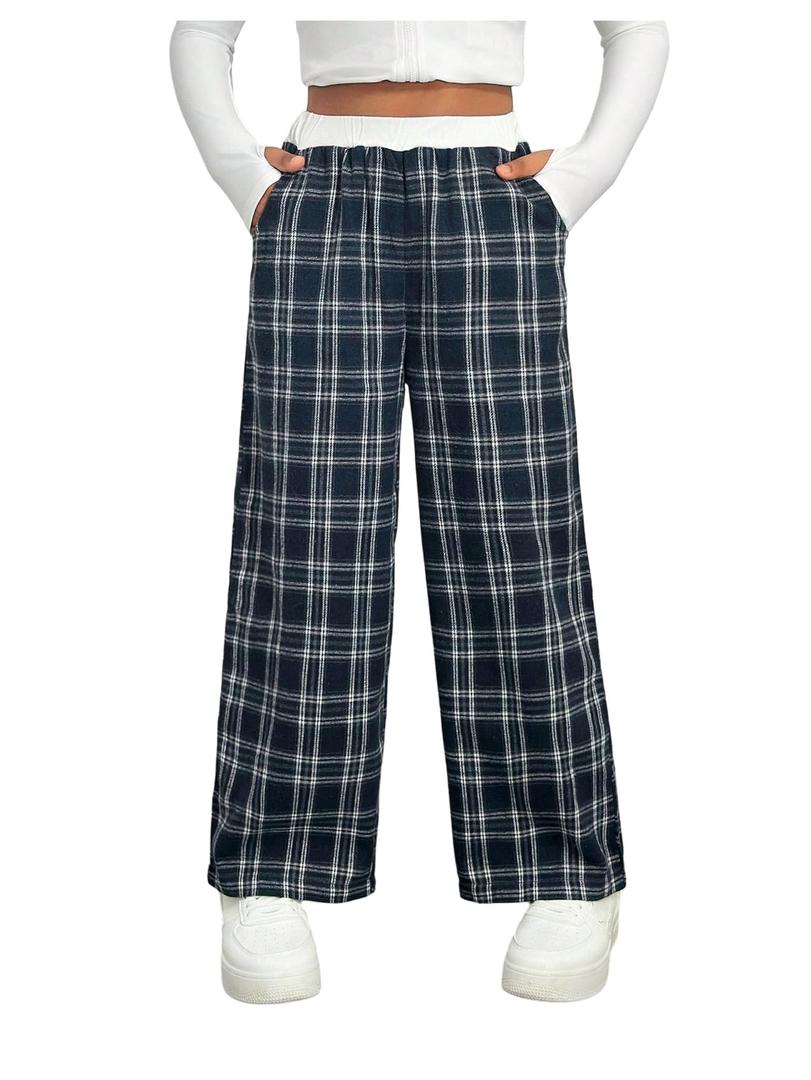 OYOANGLE Girl's Y2k Plaid Pants Elastic Waist Casual Loose Long Trousers