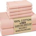 Casa Platino 100% Cotton Queen Size Sheets Set 6 Piece Crisp Percale Queen Size Cooling Sheets, Lightweight for Summer, with 15" Deep Pocket Fitted Sheet Nightly Comfort & Airy Sleep Veiled Rose