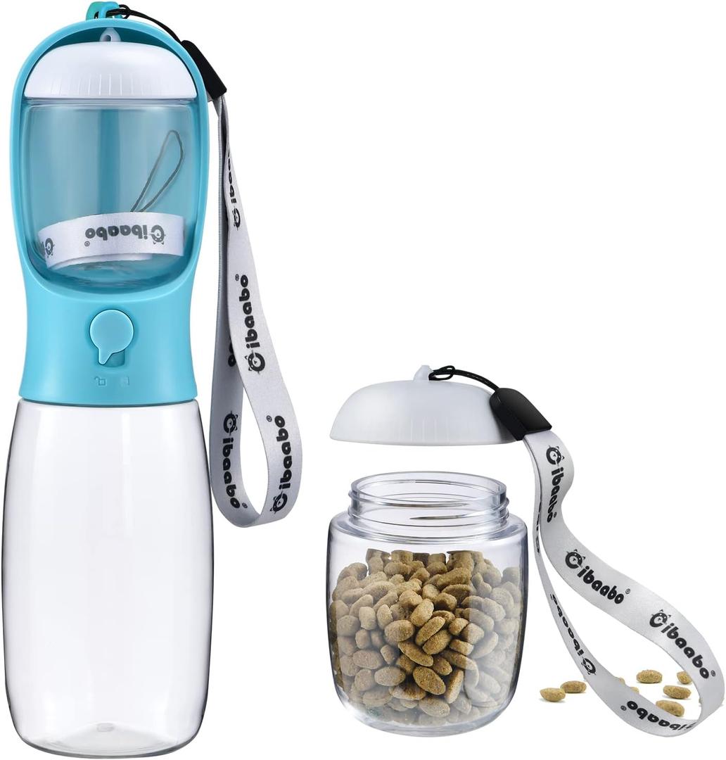 Dog Water Bottle with Food Container, Travel Puppy Water Bowl, Portable Pet Dispenser, Dog Stuff Accessories Items, Puppy Essentials Necessities for Yorkie Chihuahua Cat Walking and Hiking (19oz, #01 Blue)