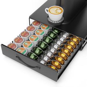 HFHOME Coffee Pod Holder Drawer Compatible with Nespresso - 40 Large or 60 Small VertuoLine Pods - Black Metal Coffee Capsule Storage Organizer for Vertuo - Coffee Capsule Holder for Kcup Home Kitchen