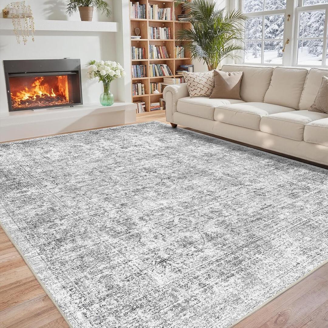 Washable 5x7 Area Rug - Grey Rugs for Living Room, Boho Vintage Low Pile Carpet, Soft, Durable, Foldable Non-Slip Indoor Rugs for Bedroom, Dining Room, Dorm, Coffee Table Under