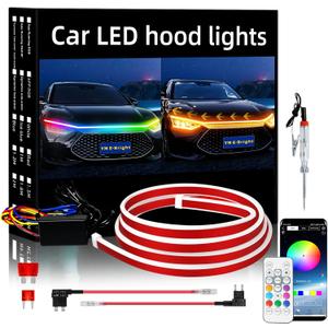 YM E-Bright Car Led Lights Exterior RGB Hood Light Strip Waterproof Multicolor Dynamic Scan Start Up Hoodbeam Kit with Turn Signal Function for Cars, Truck, SUV, APP Remote Control, 12V 59inch