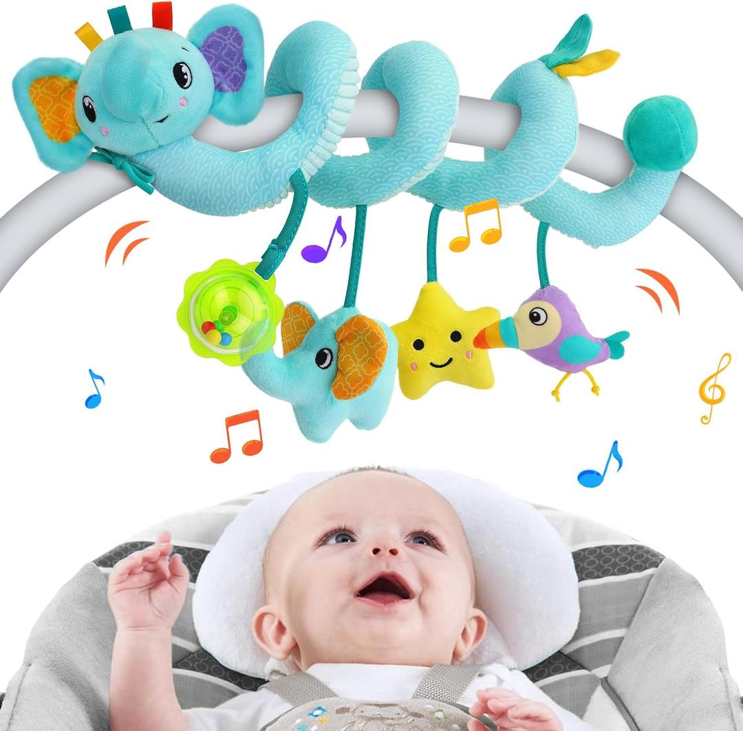 FPVERA Spiral Car Seat Activity Toy, Stroller Arch Baby Crib Hanging Toy with Rattle, Squeaky, Ringing Bell for Bassinet, Stroller, Crib for Infant Newborn Boy Girl Ages 0-12 Months (Blue Elephant)