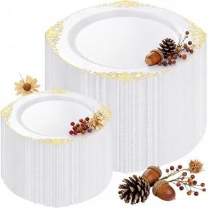 Joyido 200PCS White and Gold Plates - Gold Plastic Plates - Fancy Disposable Plate - Gorgeous Christmas Dinner & Dessert Plate for 100 Guests for Wedding & Thanksgiving Party