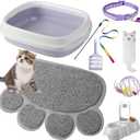 7 Pcs Small Cat Kitten Starter Kit Cat Litter Box with Shovel Paw Litter Mat Double Automatic Kitten Bowls Toy Teaser Stick Collar Essentials Kits for 1-3 Lbs Beginner(Stylish,Purple)