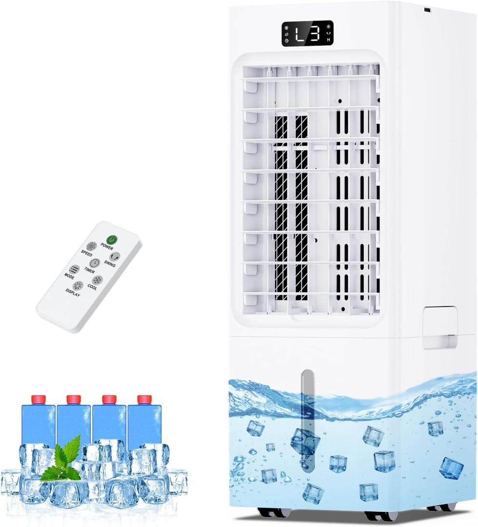 Swamp Cooler, 6L Windowless Portable Air Conditioners, 4 Modes & 3 Speeds, 3-IN-1 Evaporative Air Cooler with 4 Ice Packs, 12H Timer, Remote, Auto Oscillating, Quiet Cooling Fan