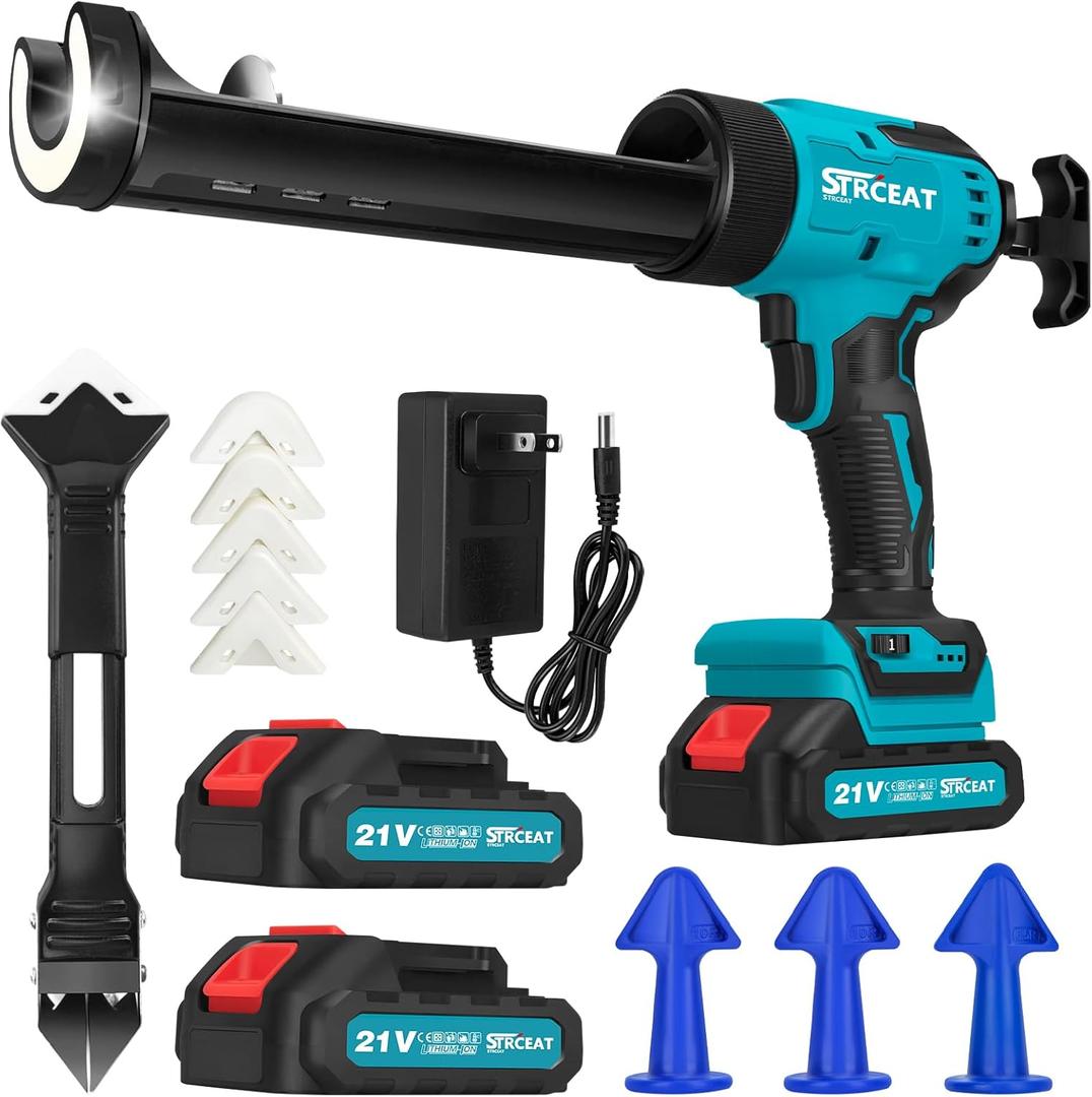 SEESII Cordless Caulking Gun, 21V Battery Powered Caulk Gun, Electric Caulking Gun w/2 x 2.0Ah Batteries, 9Pcs Caulk Remover Tool, LED Light, Auto Retract for Filling, Sealing