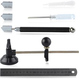 7 Pieces Glass Cutter Tool Set Includes Adjustable Circular Glass Cutter with Round Knob Handle and Suction Cup, Heavy Duty Glass Cutting Tool for Stained Glass Mosaic Tiles Mirrors