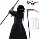 Kids Grim Reaper Halloween Costume with Glowing Eyes, Scythe & Chain – Scary Dress Up for Boys & Girls 8-10 Years