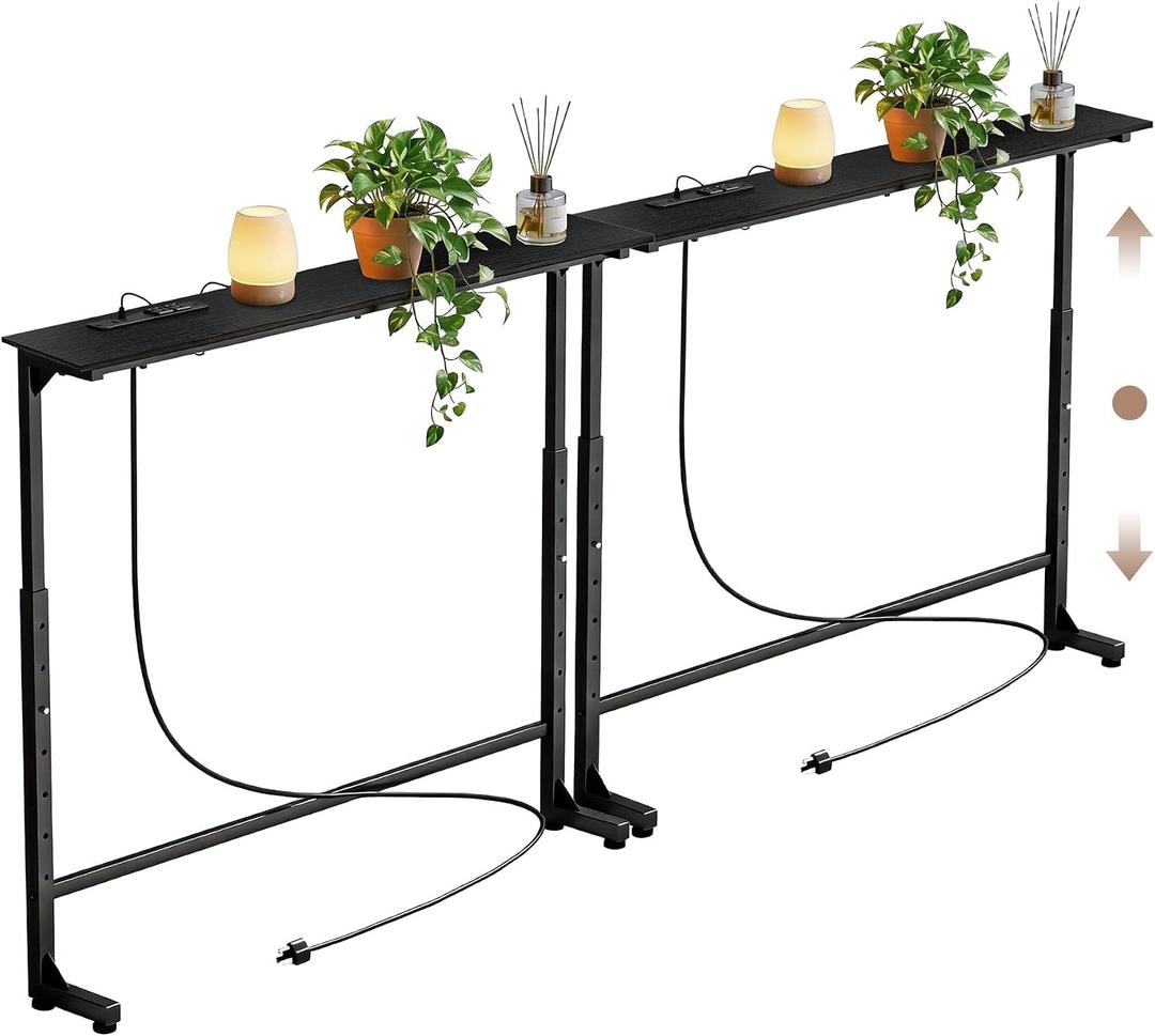 Adjustable Height Narrow Sofa Table with Built-in Power Outlets, 70" Long Console Table Behind Couch Table with Charging Station Skinny Entryway Table for Living Room & Hallway (Black), 70IN