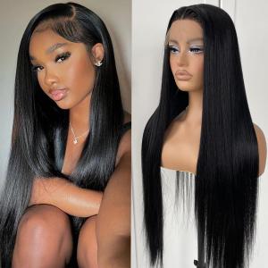 32inch Long Straight Lace Front Wigs Natural Black Glueless Straight Hair Lace Front Wig Pre Plucked Synthetic HD Lace Front Wig For Black Women (13x5x1 T part)
