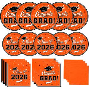 Graduation Party Plates and Napkins Gatherfun Graduation decorations 2026 Orange Disposable Paper Plates Luncheon Napkins Cocktail Napkins for Congrats Grad Party Decorations, Serve 50