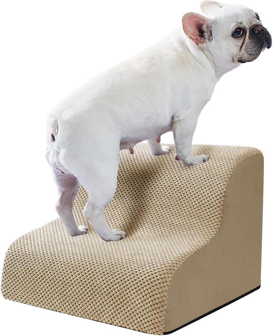 Ryoizen Dog Stairs for Small Pets, 2 Tiers Steps for Bed Couch up to 14'', High Density Foam Ramp Ladder for Puppy, Cat, Waterproof Non-Slip Pet Steps, Tan