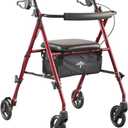 Medline Superlight Folding Aluminum Mobility Rollator Walker, Red, 250 lb. Weight Capacity, 6" Wheels, Adjustable Arms and Seat, Foldable Rolling Walker for Seniors
