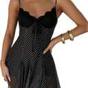 GORGLITTER Women's Polka Dots Mini Dress Y2k Lace Mesh Bow Tie Front V Neck A Line Dresses Coquette Clothes M