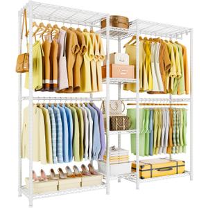 Ulif E4 Clothes Rack, Heavy-Duty Garment Rack, Metal Freestanding Clothing Organization Storage System Can Be L-shaped with Shelves and Hangers, Max Load 962lbs, 71.6" W x 14.5" D x 79.3" H, White