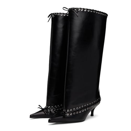 Goolita Women's Pointed Toe Metal Eyelets Knee High Boots Kitten Heel Lace Up Bow Slip on Wide Calf Tall Boots Size 42