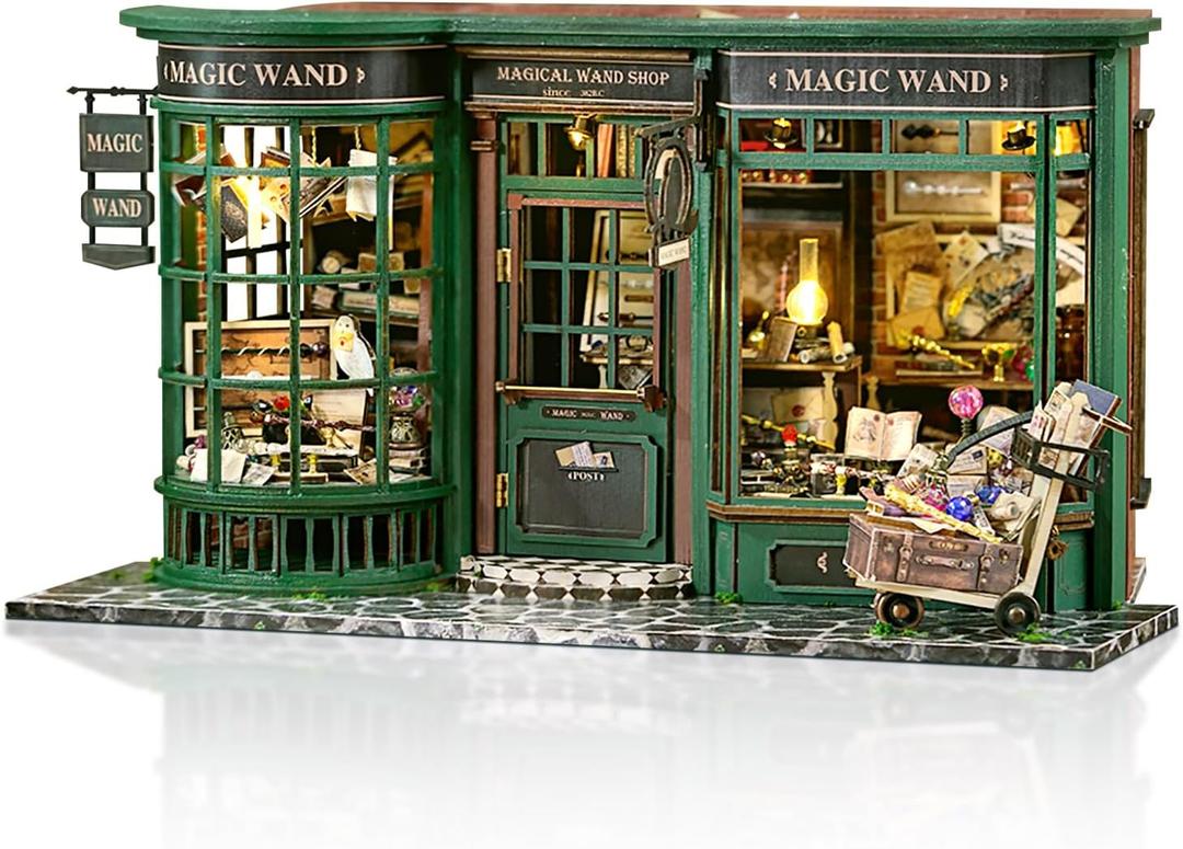 Miniature Dollhouse Kit, Wooden Mini House Building Kit, DIY Book Nook Kits for Adults, Magic Wand Shop Model with LED Light, Christmas Birthday Gifts for Adults Teens (Magic House)