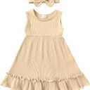 YOUNGER TREE Toddler Girl Summer Sundress Sleeveless Casual Dress Ruffle Hem Cotton Solid Outfits with Bowknot (Beige)