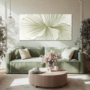 MLART99 Abstract Leaf Wall Art Modern Ginkgo Canvas Hand-drawn Painting 24x48 Green and White Large Artwork Minimalist Decoration for Living Room Bedroom Office Home