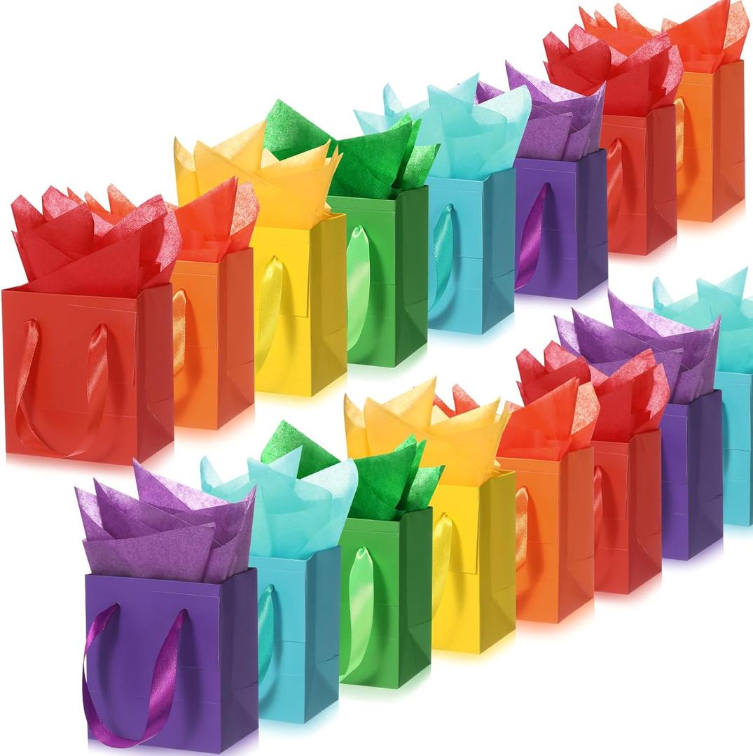 Tenare 12 Pcs Small Gift Bags Mini Paper Bags Bulk Tiny with Handle Tissue for Jewelry Gift Wrapping Happy Mother's Father's Day Birthday Graduation Party Supply(4 * 2.75 * 4.5inch,Rainbow)