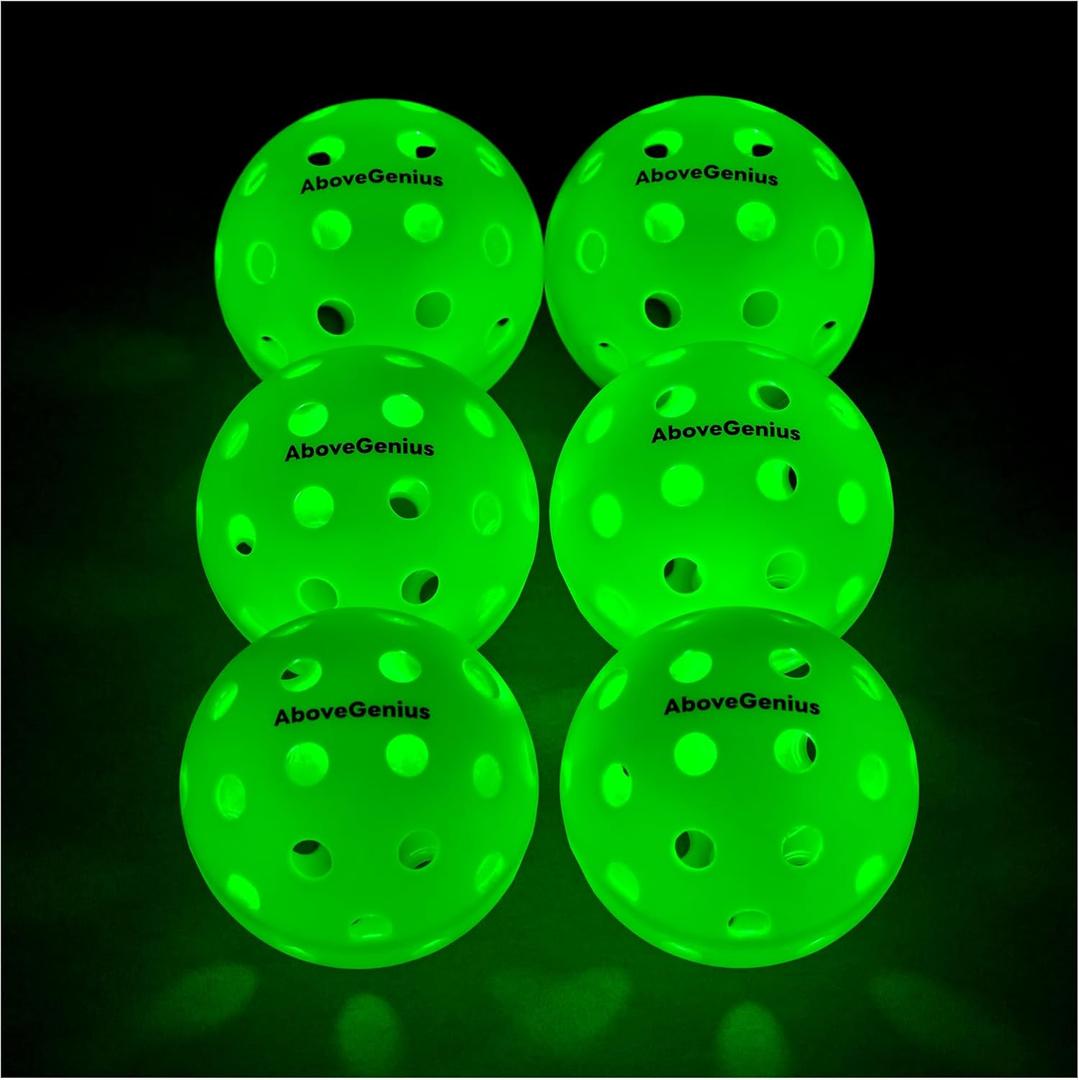 Glow in The Dark Pickleball,6 Pack Outdoor Pickleballs, LED Light Up High Visibility and Long-Lasting for Nighttime Play,Pickleball Gift (Green)