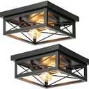 Kondras 2-Light Industrial Square Flush Mount Ceiling Light, Farmhouse Ceiling Light Fixture for Kitchen, Modern Black Close to Ceiling Light for Hallway Bedroom Balcony Porch Stairway, E26, 2-Pack