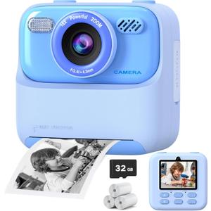 Kids Instant Digital Cameras for Boys and Girls, 1080P HD Dual-Lens Selfie Digital Camera with Print Paper & 32G Card, Christmas Birthday Gifts Toys for Toddler and Teenagers Age 3-16 Years Old, Blue